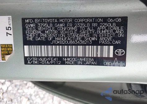 2008 Toyota Prius z USA, uszkodzony, nr VIN JTDKB20U883438213